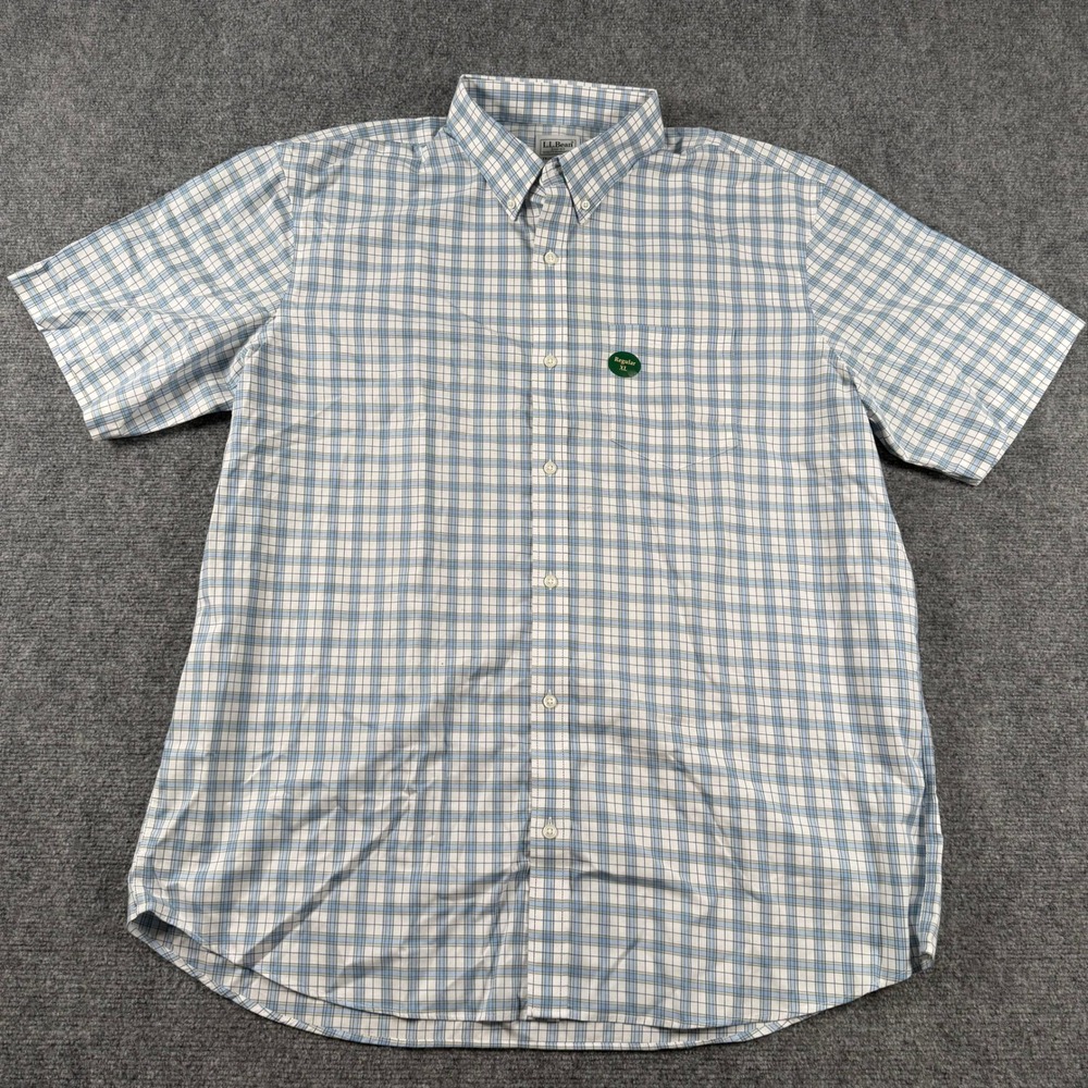 LL Bean Button Down Shirt Mens XL Blue Plaid TrueCool Cotton Short Sleeve S/S